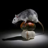 Rat sitting on top of pumpkins